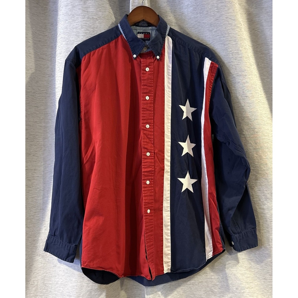 Vintage Tommy Hilfiger USA‎ American Flag All Over Print Button Up Shirt Large